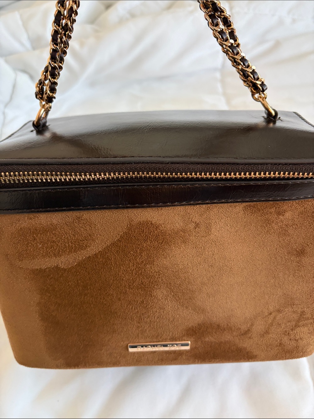 Rachel Zoe Brown Faux Suede and Brown Faux Leather Chain Toiletry Bag